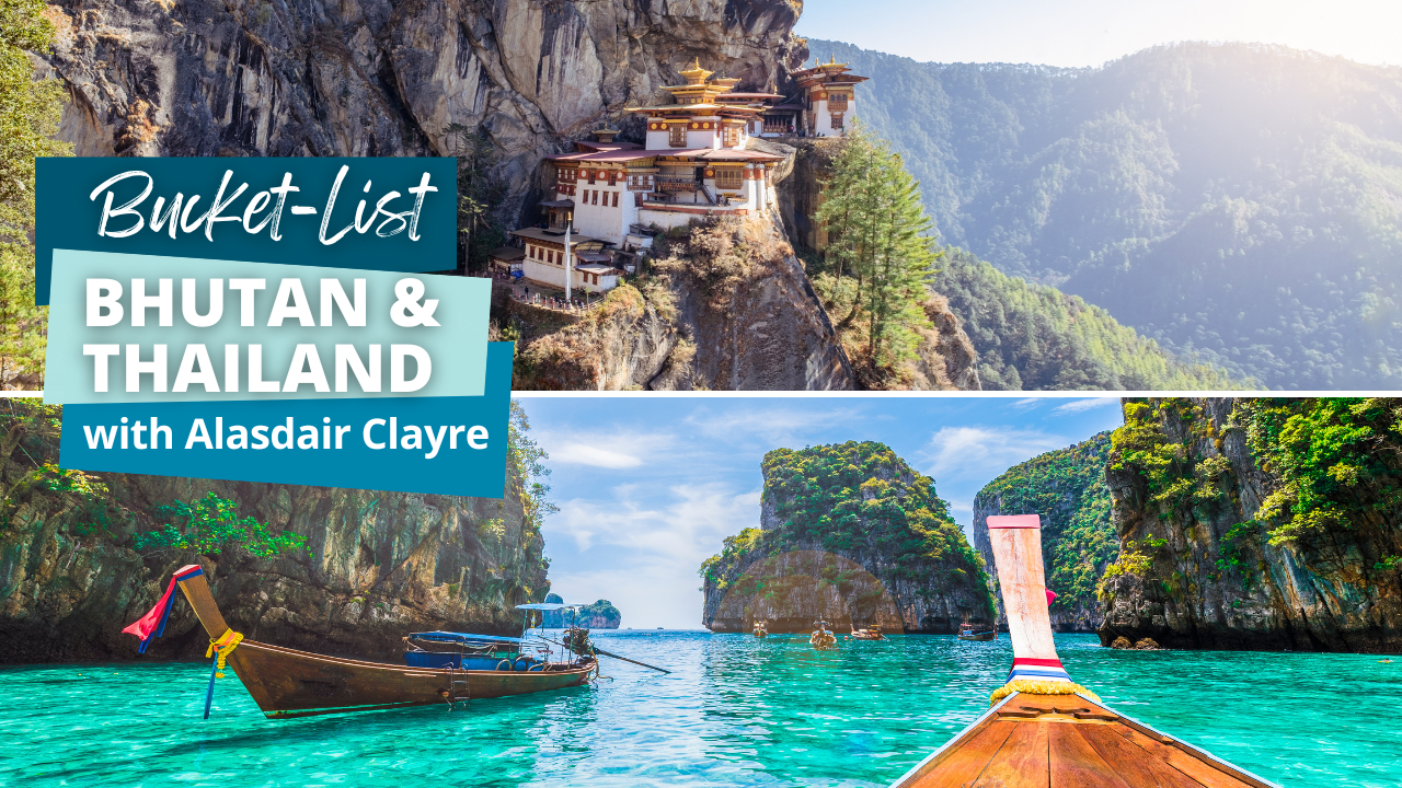 Image of Tiger's Nest in Bhutan and Phi Phi Island in Thailand