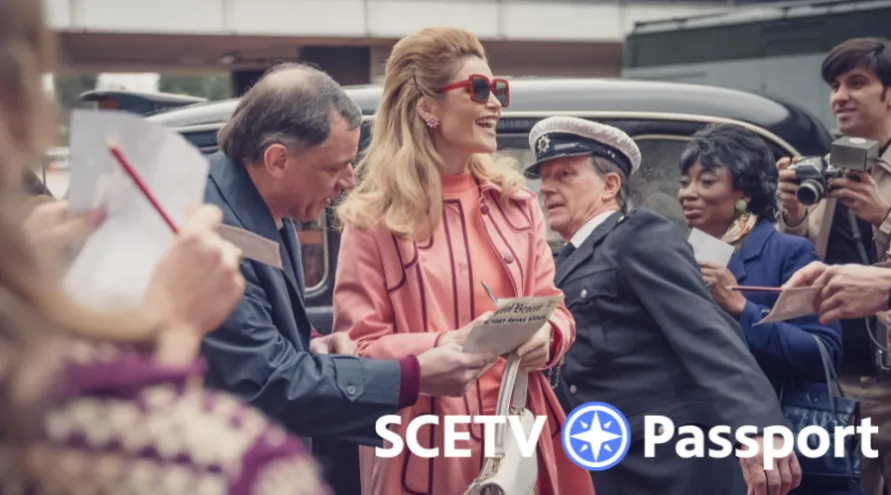 Barbara Parker (Gemma Arterton) surrounded by fans and signing autographs after stepping out of a car