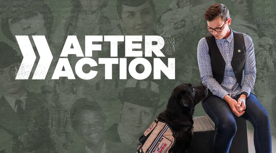 After Action promo image featuring Host Stacy Pearsall sitting with VetDog Charlie