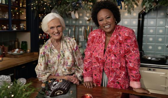 Mary Berry and Emeli Sandé standing in the kitchen